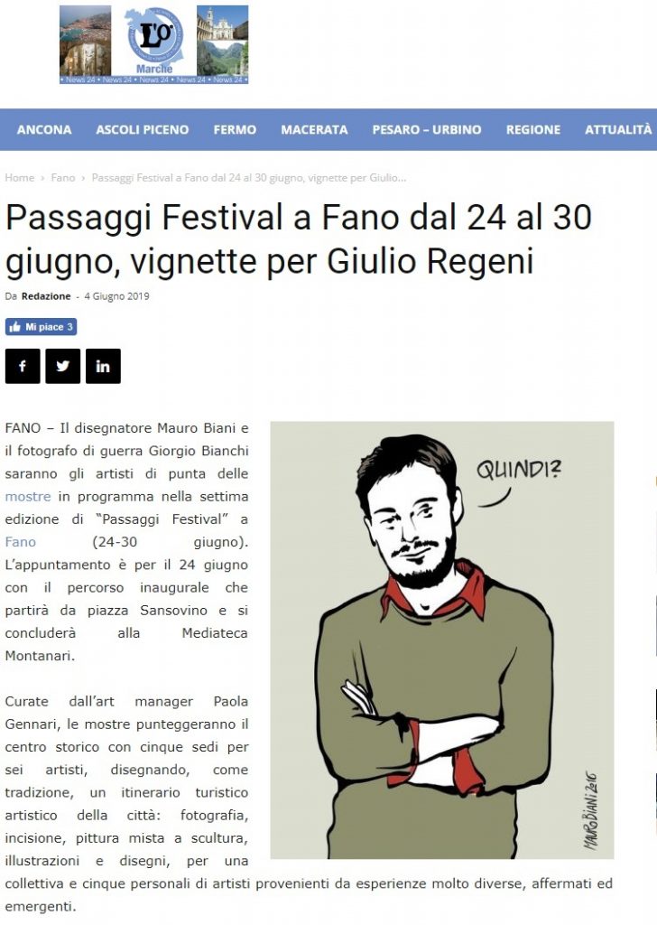 Passaggi Festival a Fano dal 24 al 30 giugno, vignette per Giulio Regeni