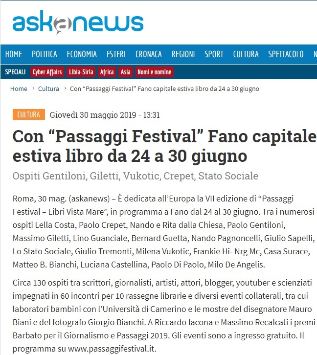 Con “Passaggi Festival” Fano capitale estiva libro da 24 a 30 giugno