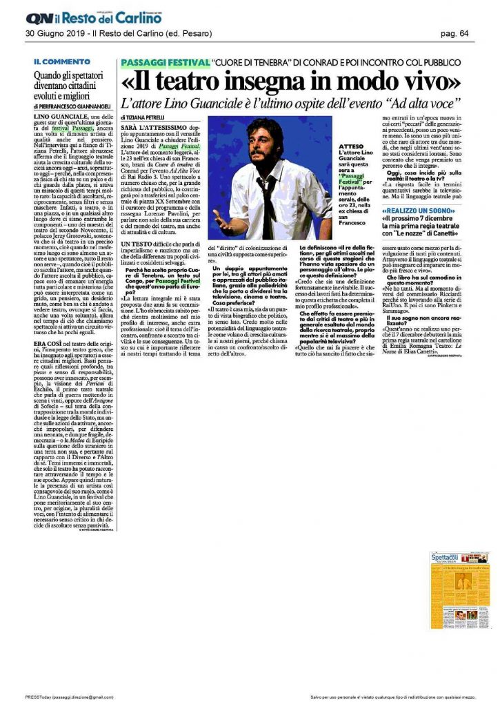 Il Resto del Carlino / Lino Guanciale “Il teatro insegna in modo vivo”