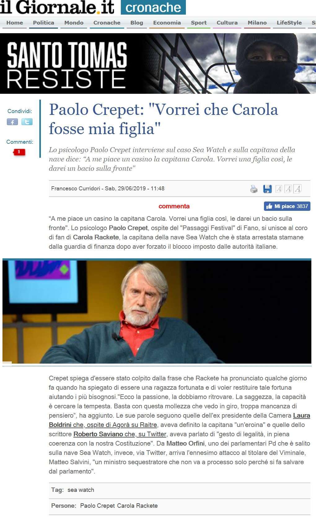 Il Giornale/Paolo Crepet: “Vorrei che Carola fosse mia figlia”