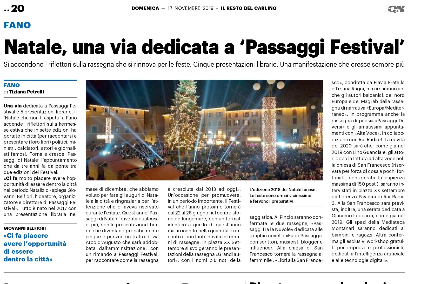 Il Resto del Carlino / Natale, una via dedicata a Passaggi Festival