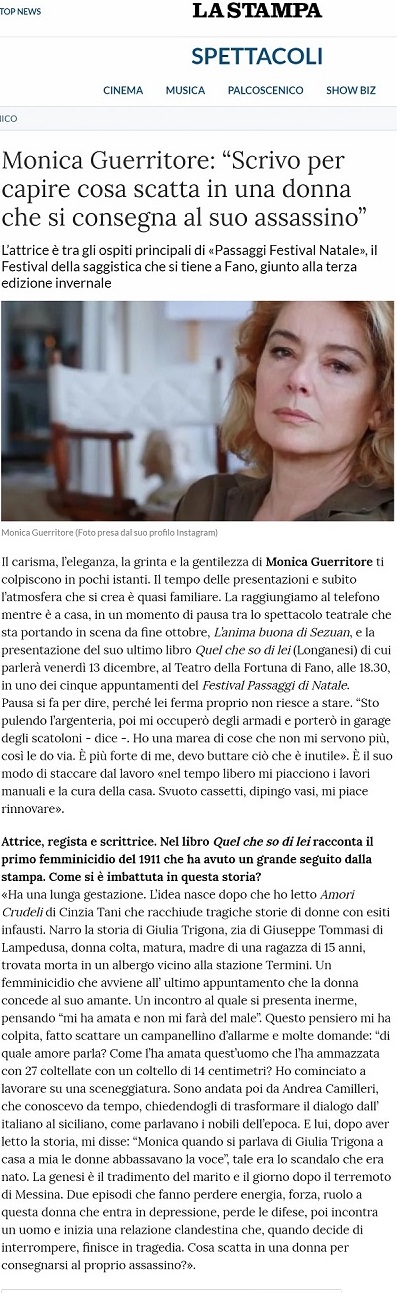 La Stampa /  Monica Guerritore: “Scrivo per capire cosa scatta in una donna che si consegna al suo assassino”