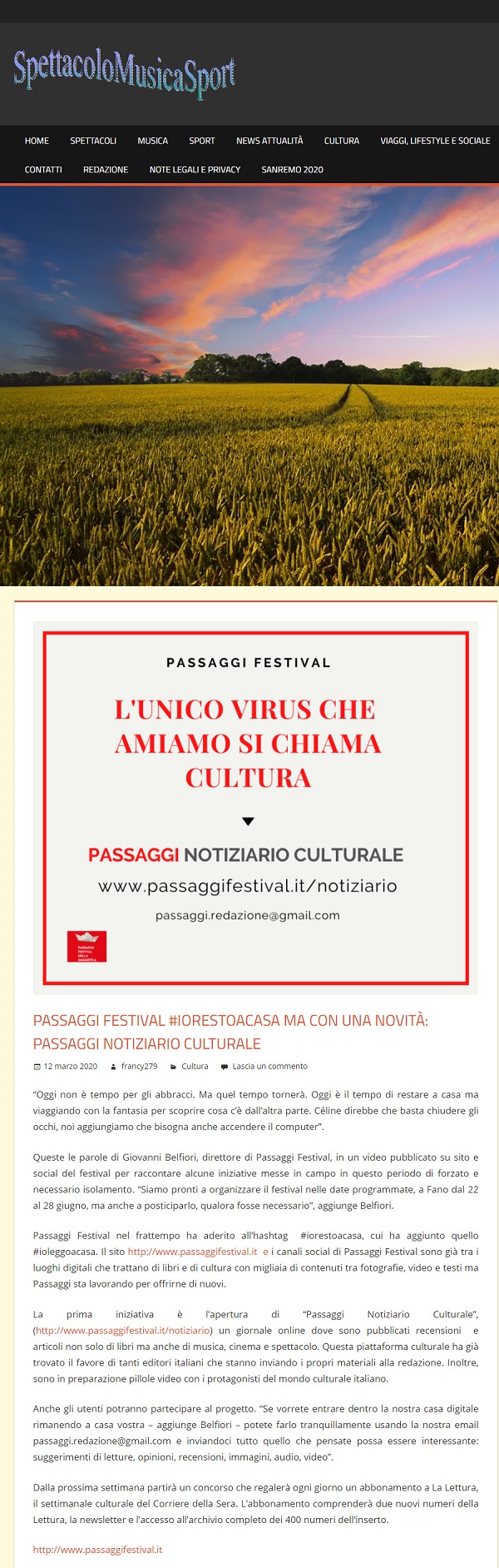 Spettacolo Musica Sport / Passaggi Festival #iorestoacasa