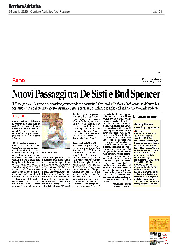 Corriere Adriatico – Nuovi Passaggi tra De Sisti e Bud Spencer