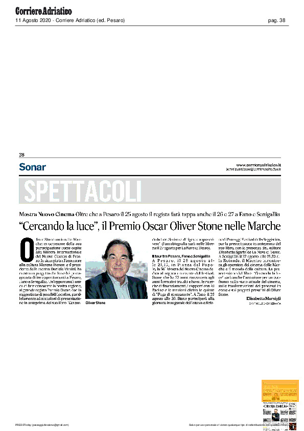 Corriere Adriatico: “Cercando la luce”, il Premio Oscar Oliver Stone nelle Marche