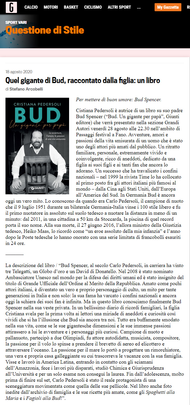 La Gazzetta dello Sport.it – Quel gigante di Bud, raccontato dalla figlia: un libro