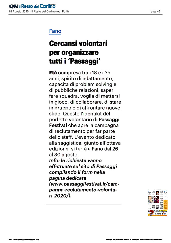 Il Resto del Carlino – Cercansi volontari per organizzare tutti i ‘Passaggi’