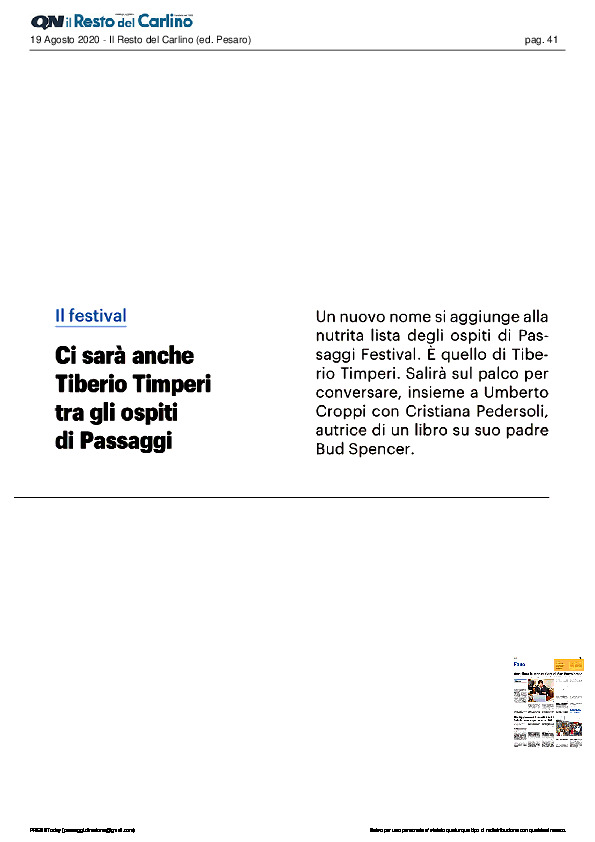 Il Resto del Carlino – Ci sarà anche Tiberio Timperi tra gli ospiti di Passaggi