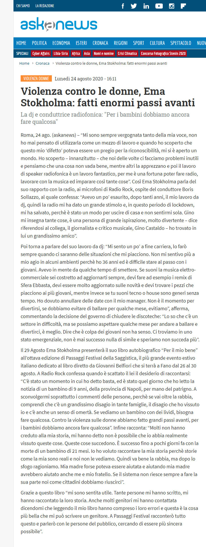 Aska News – Violenza sulle donne, Ema Stokholma: fatti enormi passi in avanti