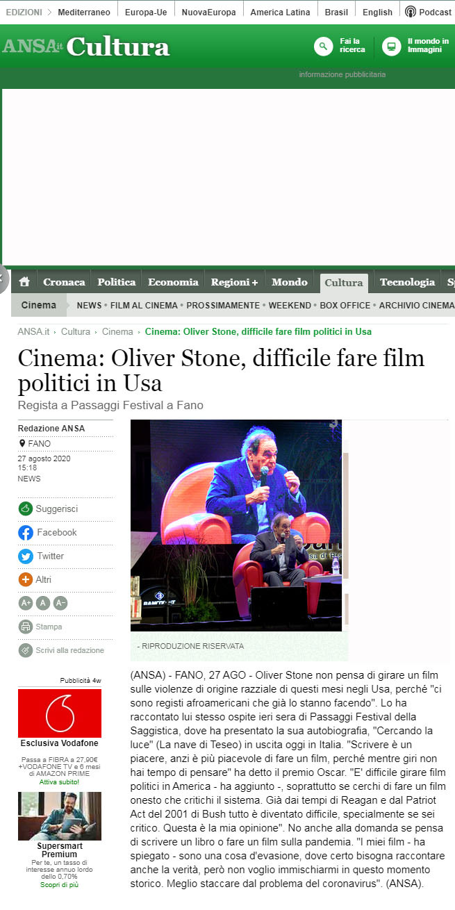 Ansa – Cinema: Oliver Stone, difficile fare film politici in Usa