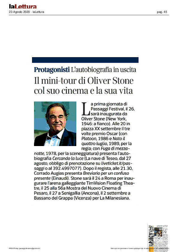 Corriere della Sera / La Lettura – Il mini-tour di Oliver Stone col suo cinema e la sua vita