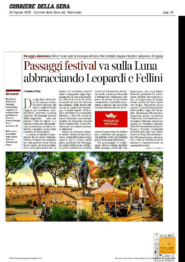 Corriere della Sera – Passaggi Festival va sulla Luna abbracciando Leopardi e Fellini