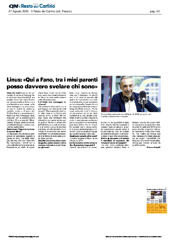 Il Resto del Carlino – Linus: “Qui a Fano, tra i miei parenti posso davvero svelare chi sono”