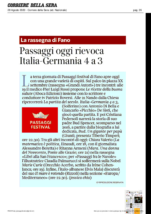 Corriere della Sera – Passaggi oggi rievoca Italia-Germania 4 a 3