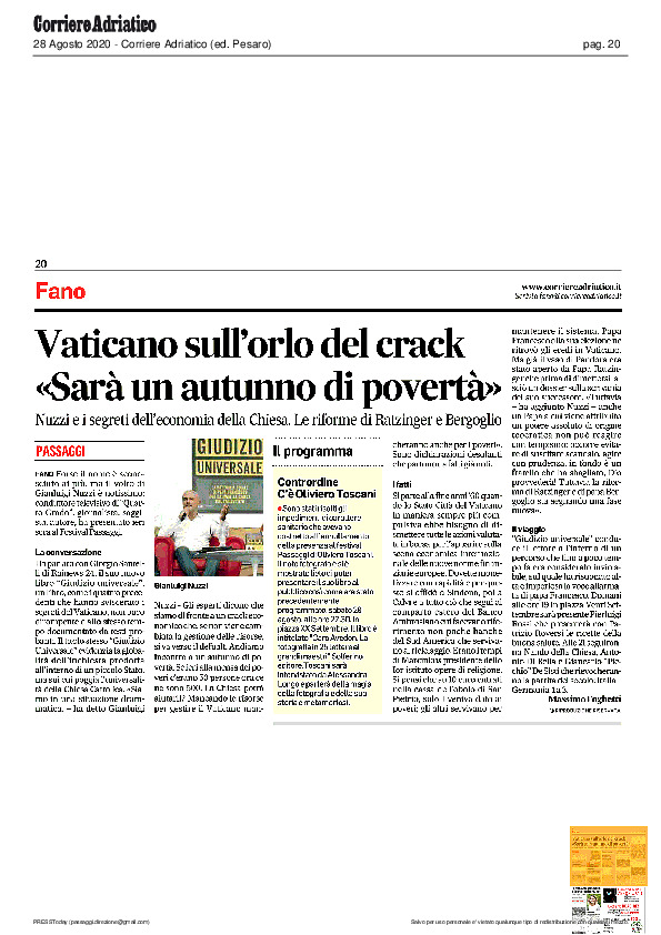 Corriere Adriatico – Vaticano sull’orlo del crack “Sarà un autunno di povertà”