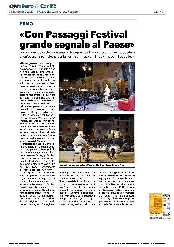 Il Resto del Carlino – “Con Passaggi Festival grande segnale al paese”