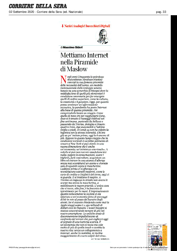 Corriere della Sera – Mettiamo Internet nella Piramide di Maslow