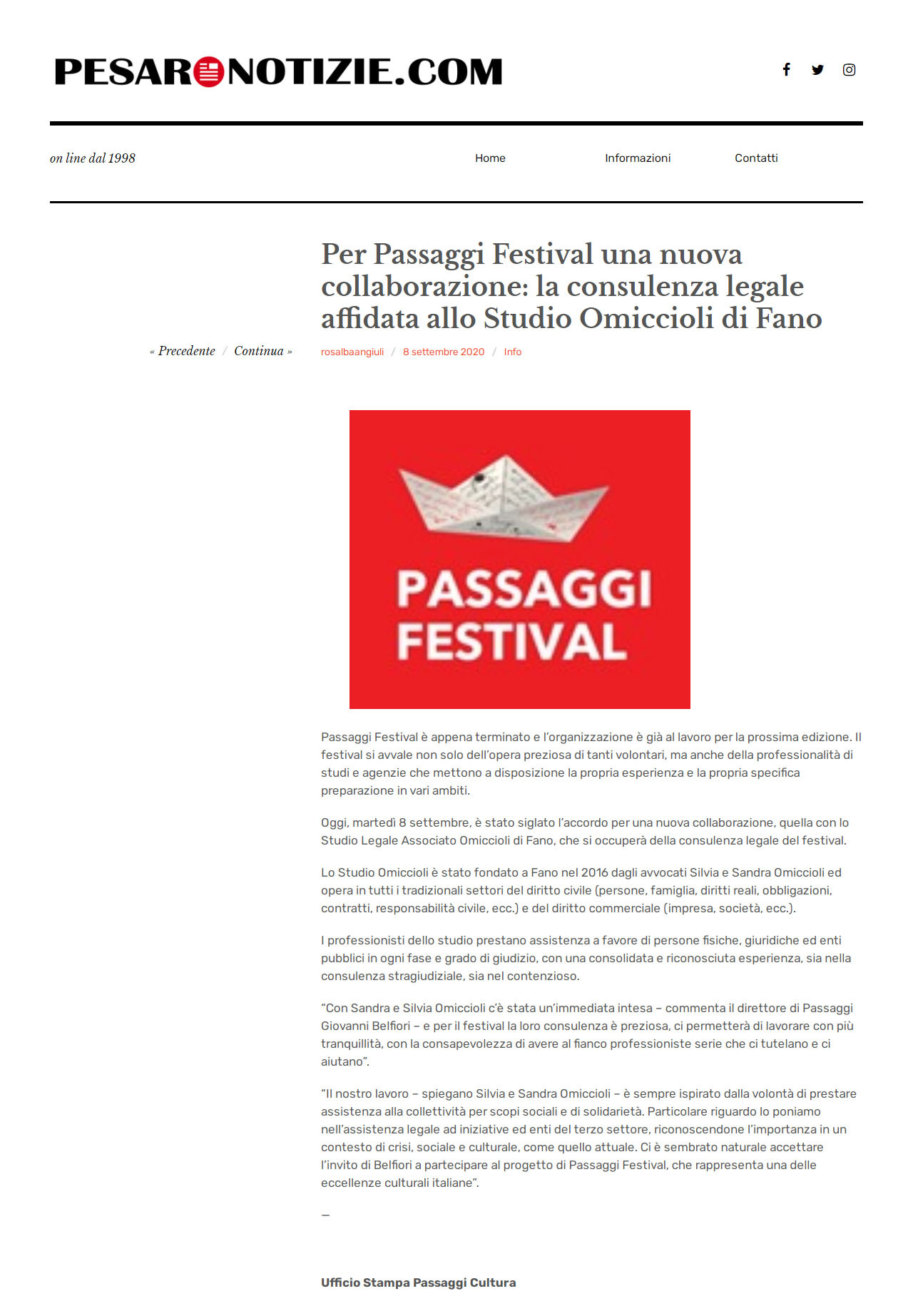 Pesaro notizie.com – Per Passaggi Festival una nuova collaborazione