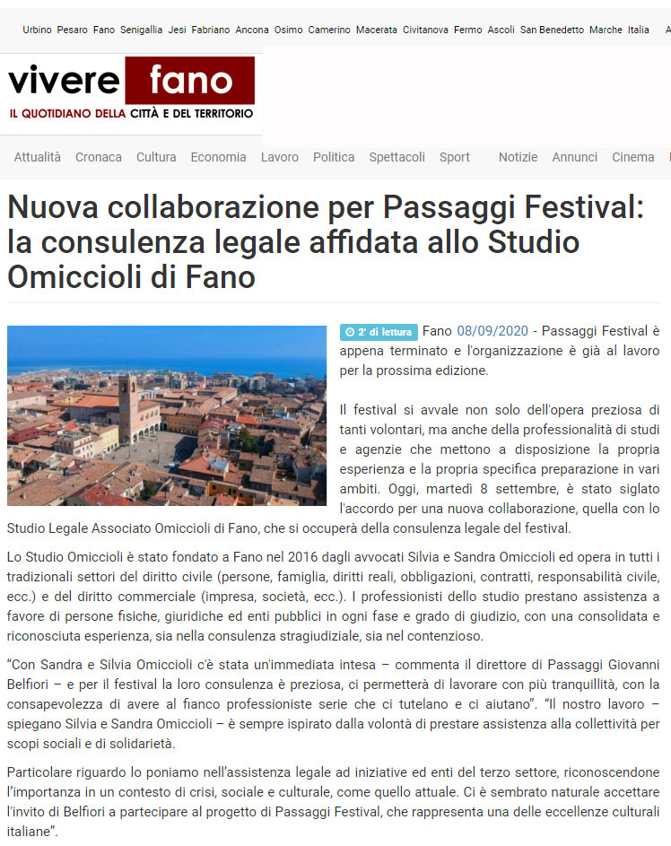 Vivere Fano – Nuova collaborazione per Passaggi Festival: la consulenza legale affidata allo studio Omiccioli di Fano