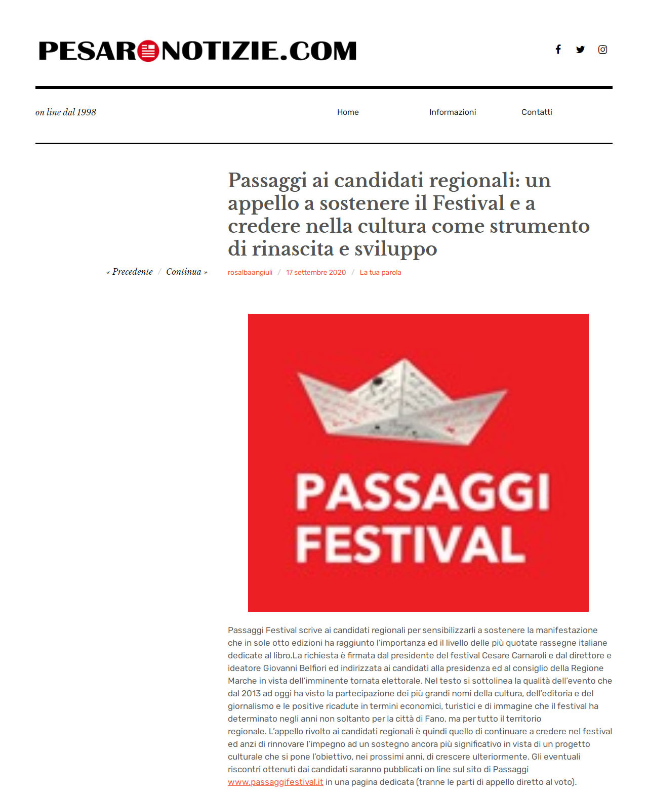 Pesaronotizie.com – Passaggi ai candidati regionali: un appello a sostenere il Festival