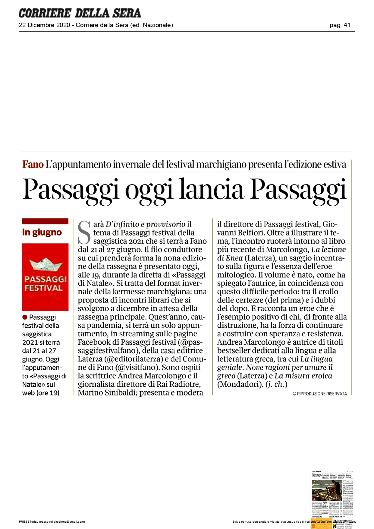Corriere della Sera – Passaggi oggi lancia Passaggi