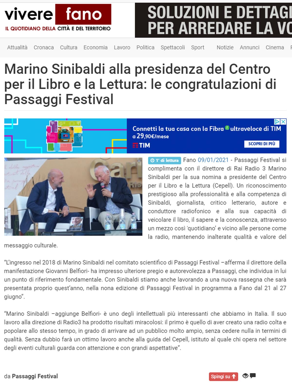 Vivere Fano – Marino Sinibaldi alla presidenza del Centro per il Libro e la Lettura