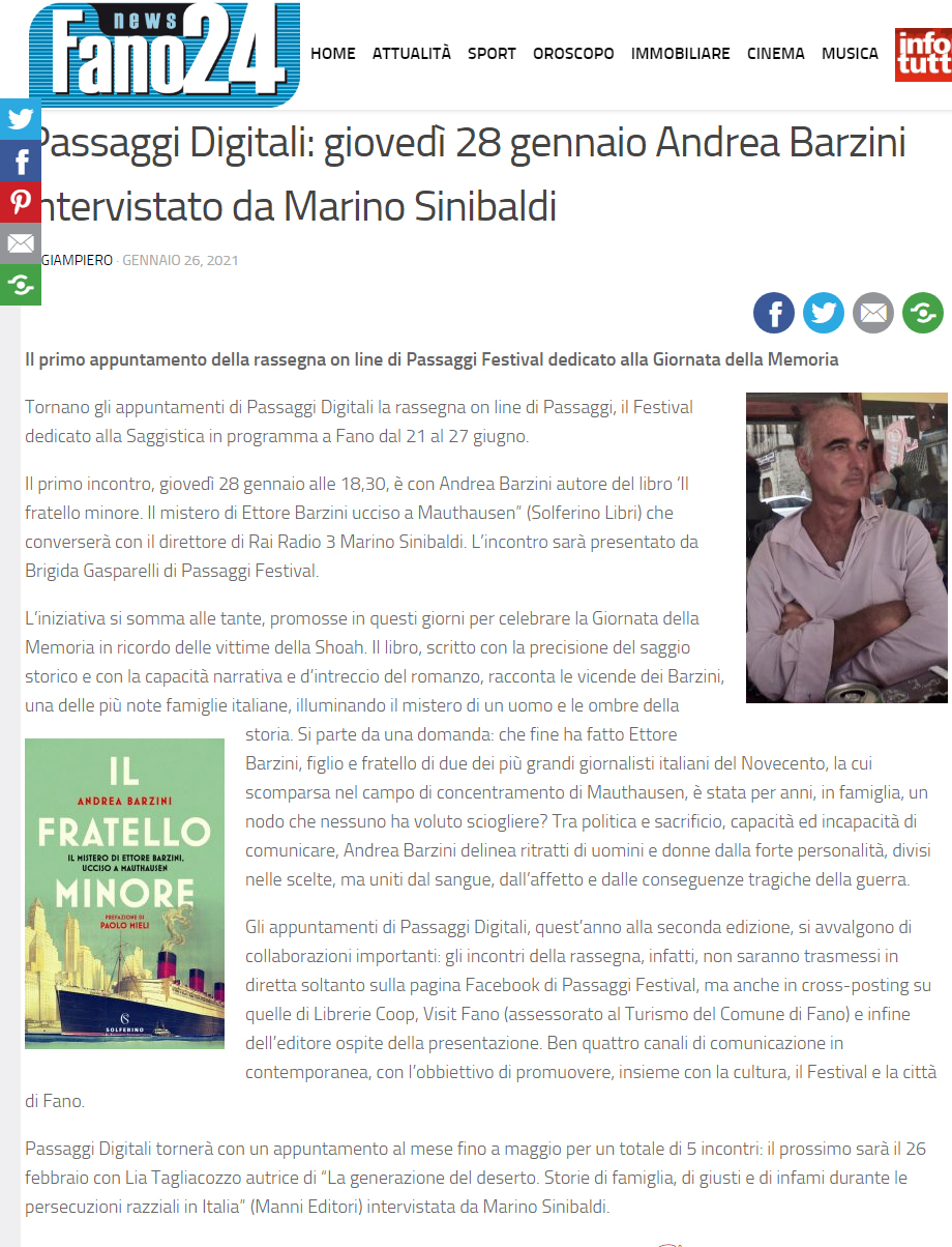 Fano 24 – Passaggi digitali: giovedì 28 gennaio Andrea Barzini intervistato da Marino Sinibaldi