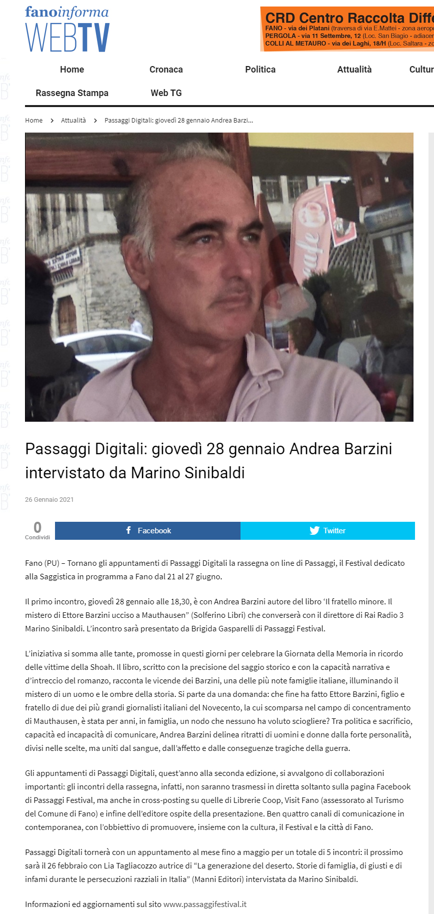 Fano Informa – Passaggi Digitali: giovedì 28 gennaio Andrea Barzini intervistato da Marino Sinibaldi