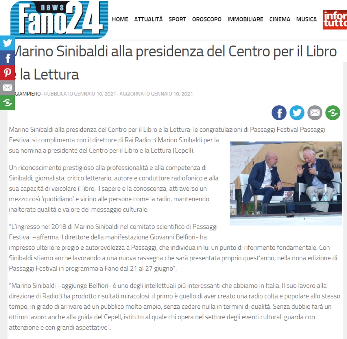 Fano24 – Marino Sinibaldi alla presidenza del Centro per il Libro e la Lettura