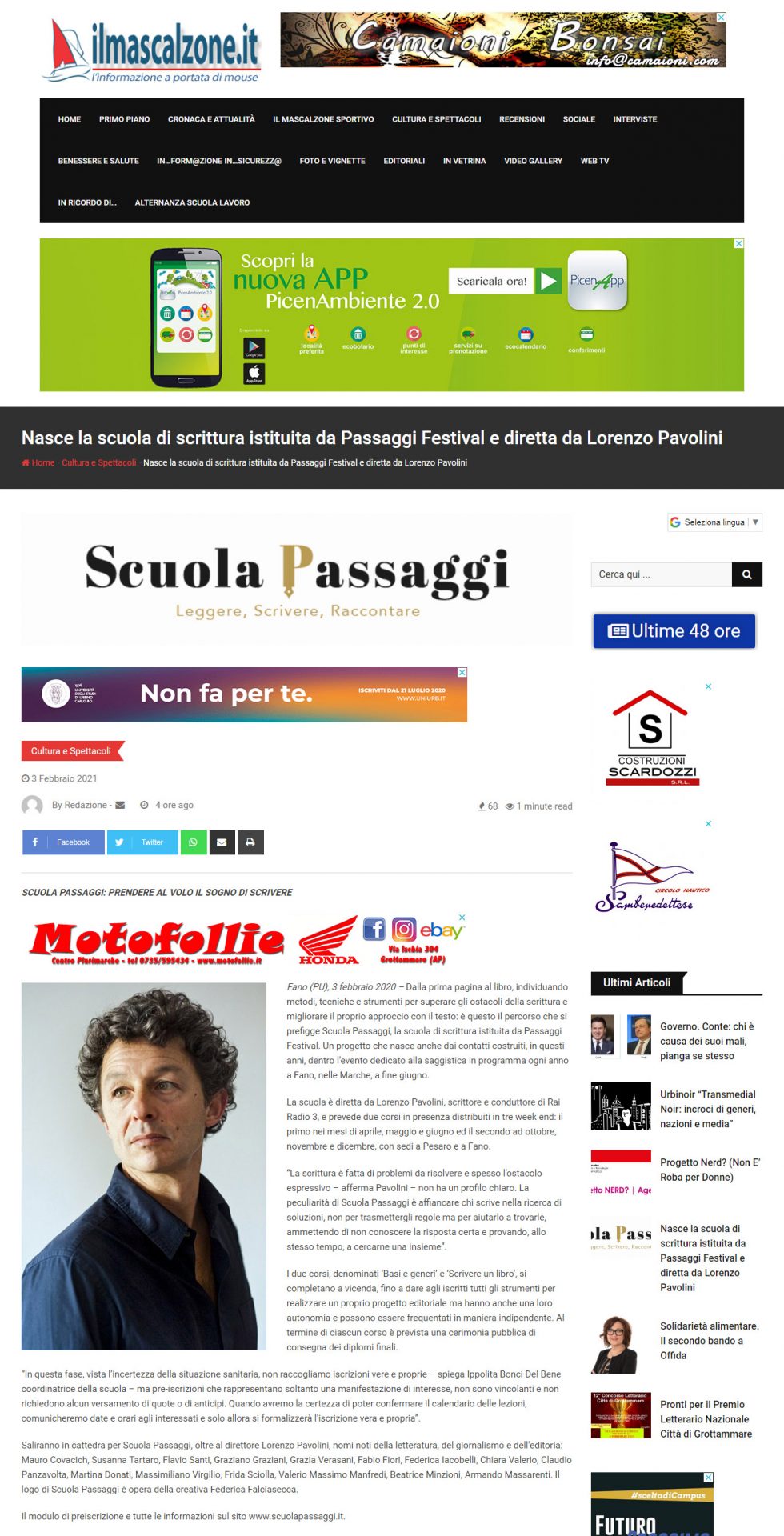 Il Mascalzone – Nasce la scuola di scrittura istituita da Passaggi Festival e diretta da Lorenzo Pavolini