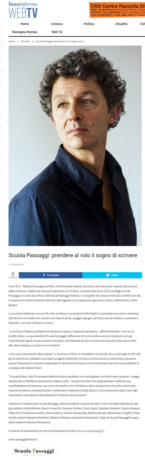 Fano Informa Web TV – Scuola Passaggi: prendere al volo il sogno di scrivere