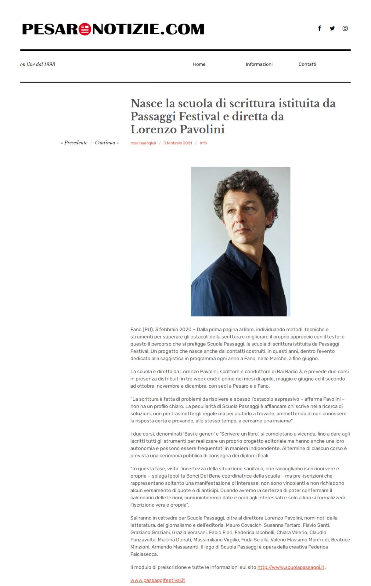 Pesaro Notizie – Nasce la scuola di scrittura istituita da Passaggi Festival e diretta da Lorenzo Pavolini