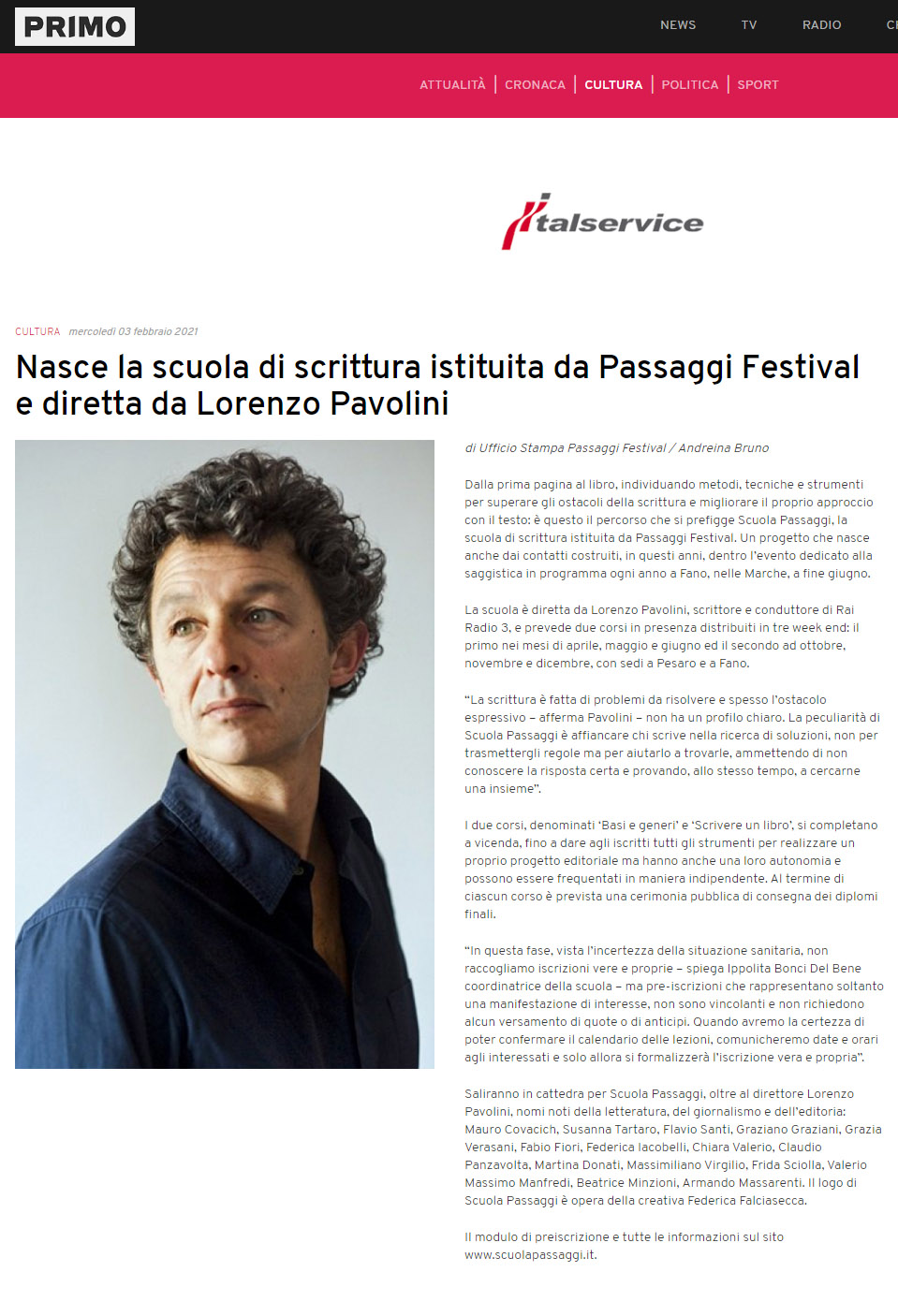 Primo – Nasce la scuola di scrittura istituita da Passaggi Festival e diretta da Lorenzo Pavolini