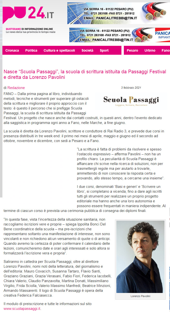 Pu24 – Nasce “Scuola Passaggi”, la scuola di scrittura istituita da Passaggi Festival e diretta da Lorenzo Pavolini