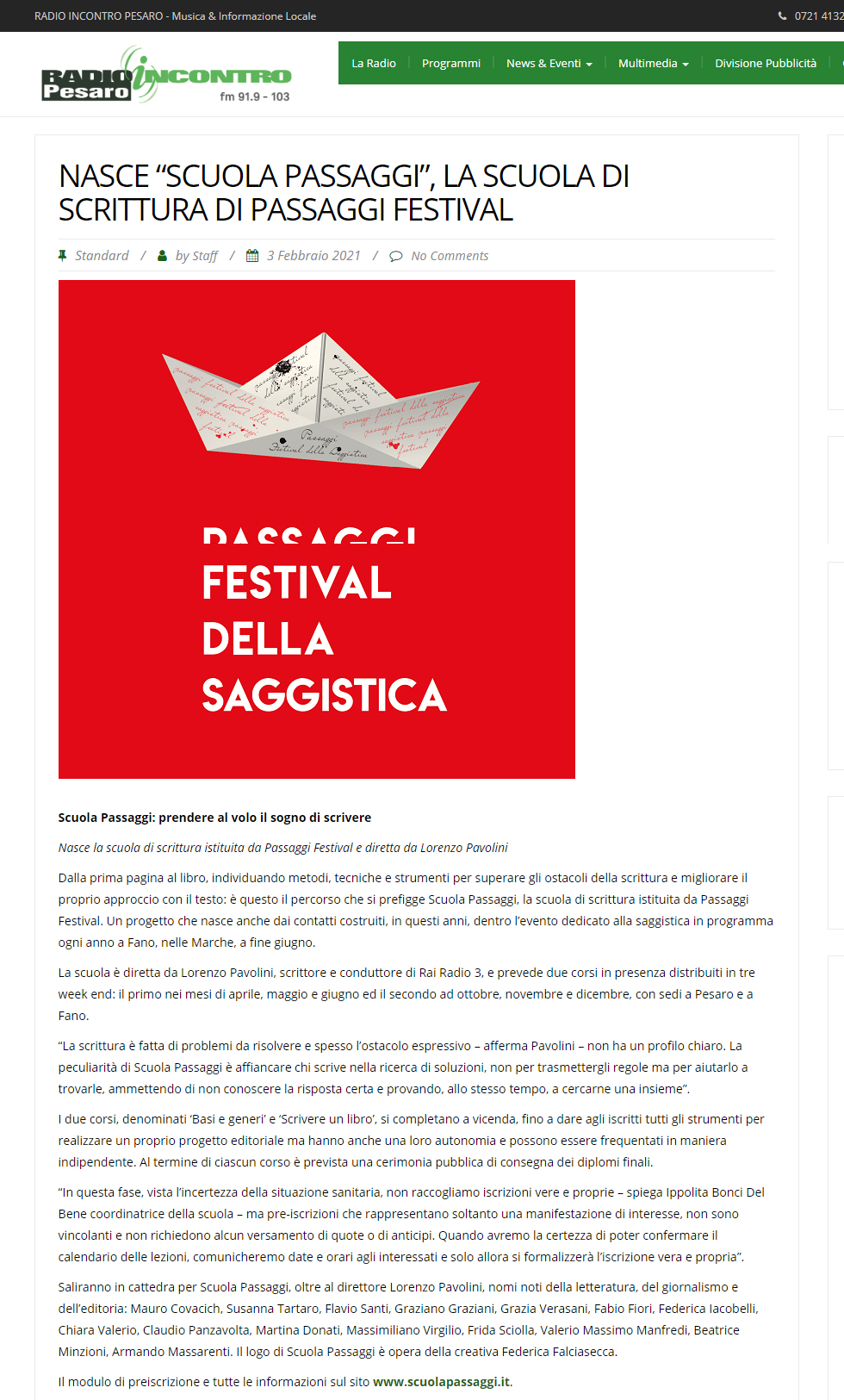 Radio Incontro – Nasce “Scuola Passaggi” la scuola di scrittura di Passaggi Festival