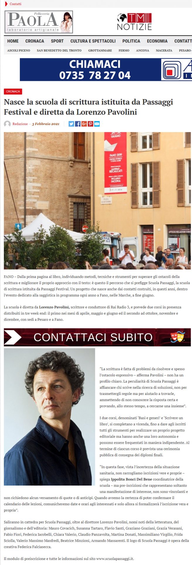 TM Notizie – Nasce la scuola di scrittura istituita da Passaggi Festival e diretta da Lorenzo Pavolini