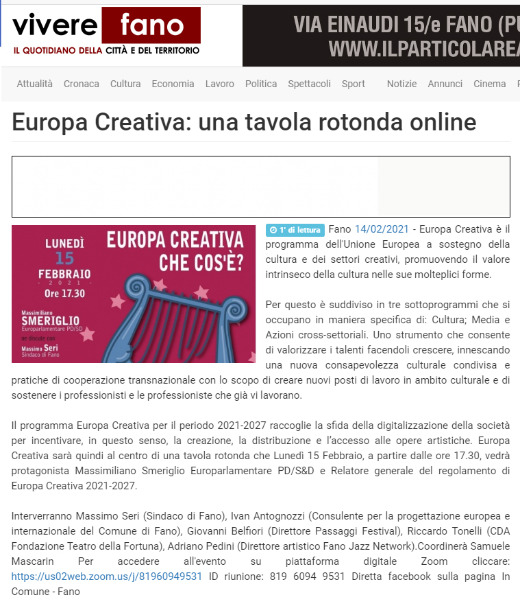 Vivere Fano – Europa Creativa: una tavola rotonda online