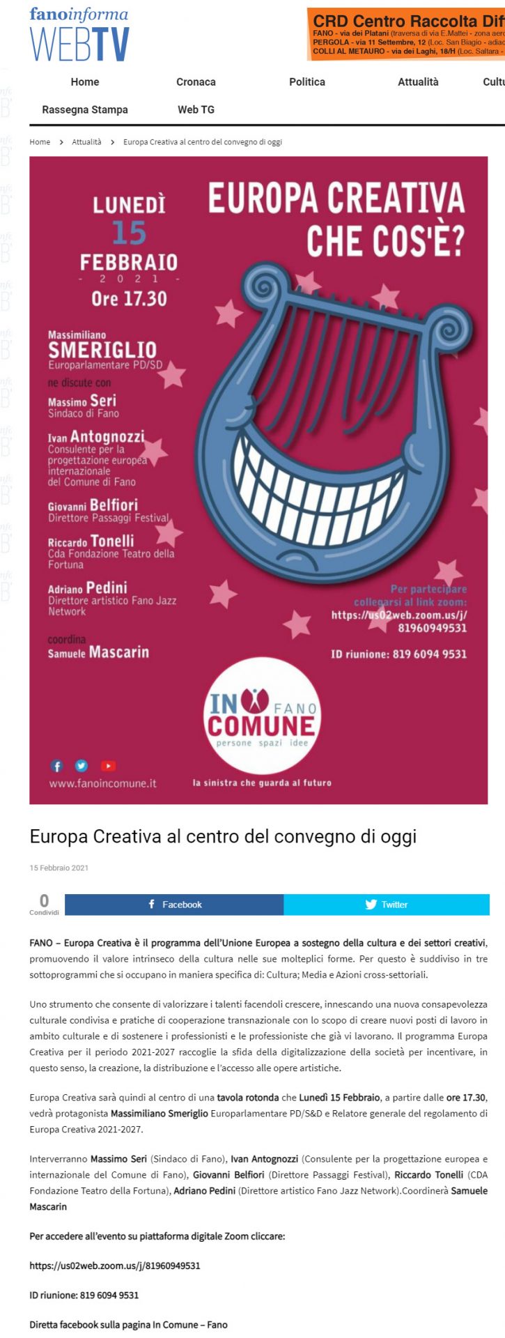 Fano Informa – Europa Creativa al centro del convegno di oggi