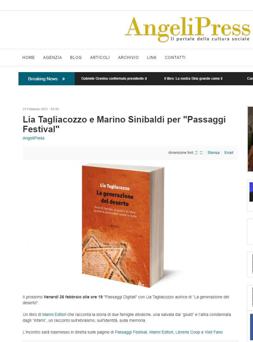 Angeli Press – Lia Tagliacozzo e Marino Sinibaldi per “Passaggi Festival”