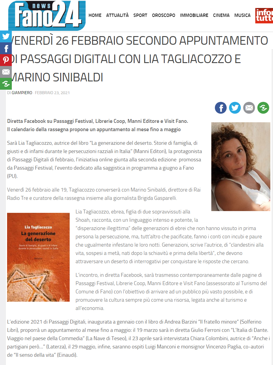 Fano24 – Venerdì 26 febbraio secondo appuntamento di Passaggi Digitali con Lia Tagliacozzo e Marino Sinibaldi