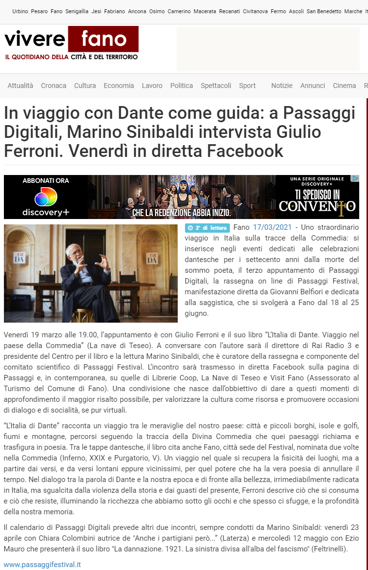 Vivere Fano – In viaggio con Dante come guida: Passaggi Digitali, Marino Sinibaldi intervista Giulio Ferroni