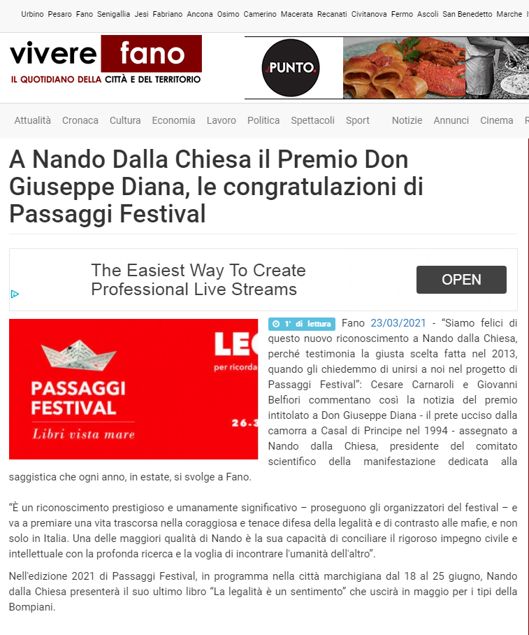 Vivere Fano – A Nando Dalla Chiesa il Premio Don Giuseppe Diana, le congratulazioni di Passaggi Festival