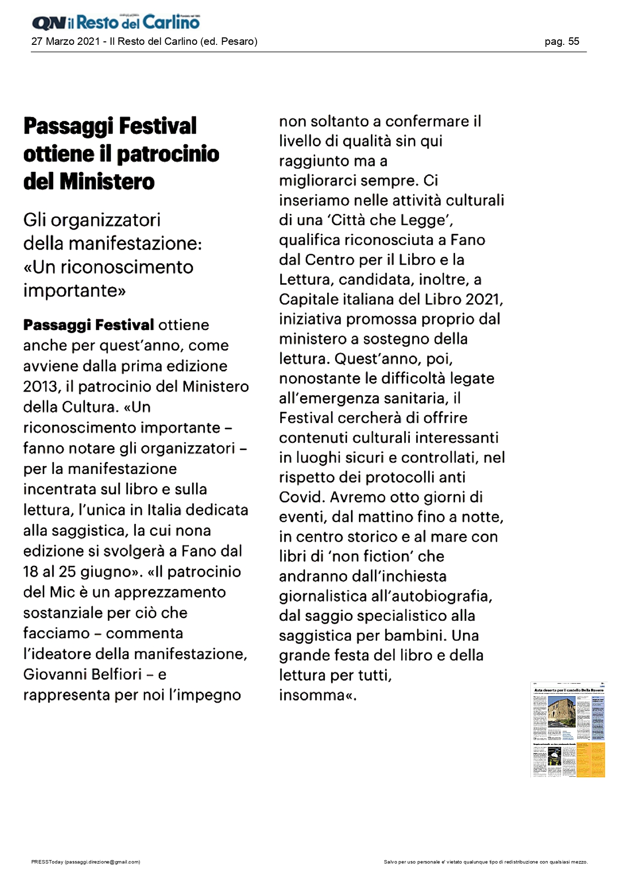 Il Resto del Carlino – Passaggi Festival ottiene il patrocinio del Ministero