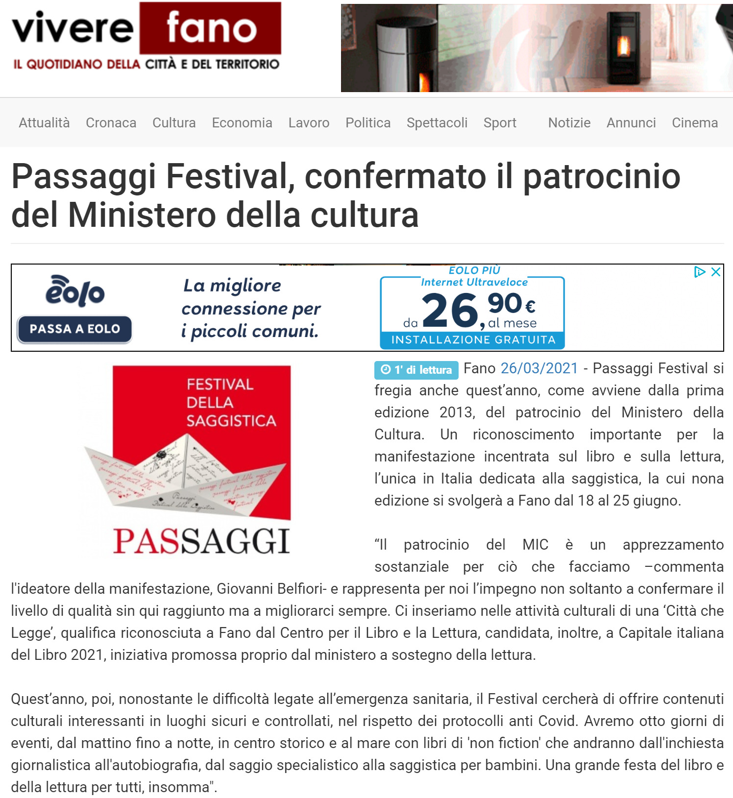 Vivere Fano – Passaggi Festival, confermato il patrocinio del Ministero della cultura