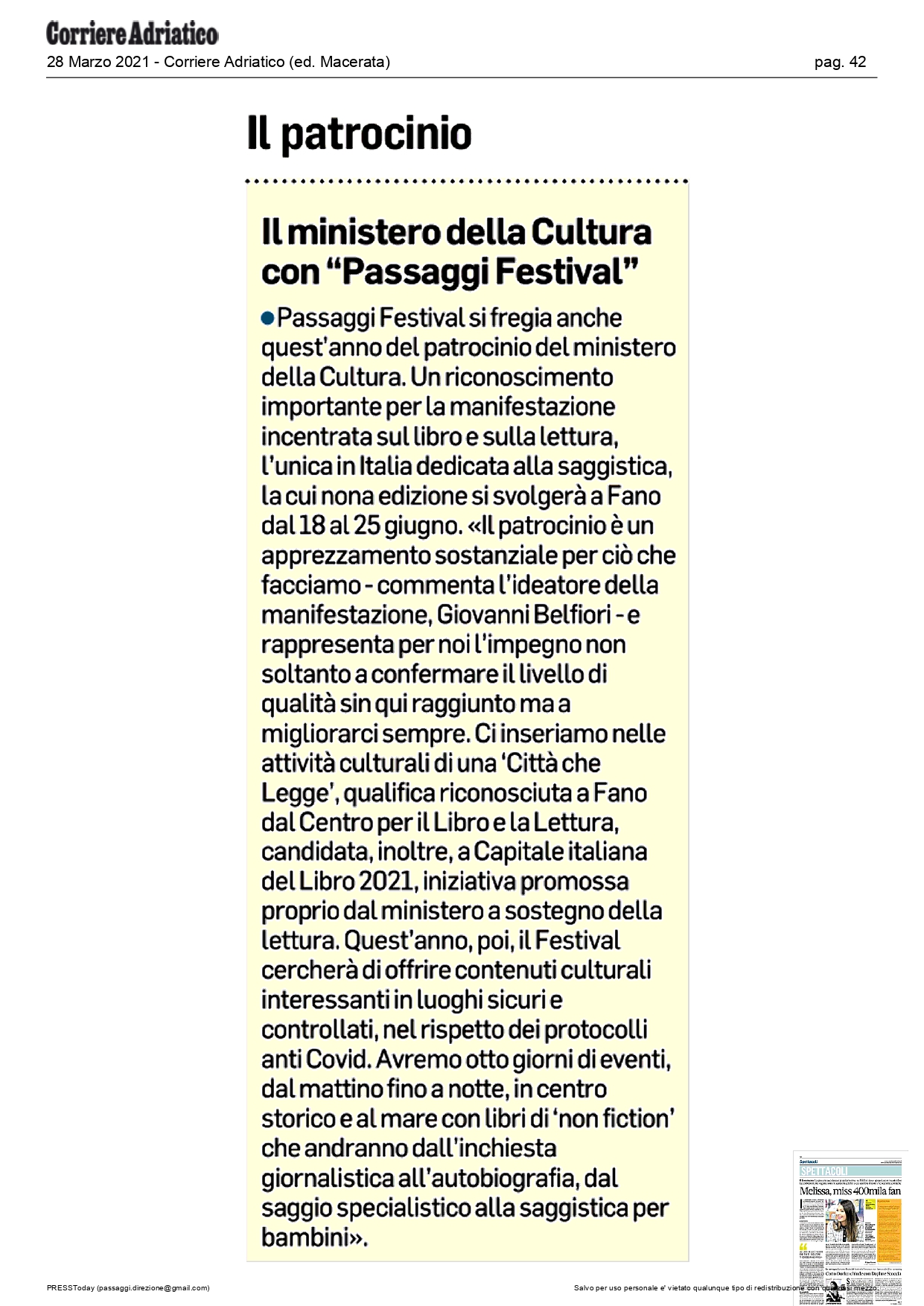 Corriere Adriatico – Il Ministero della Cultura con “Passaggi Festival”