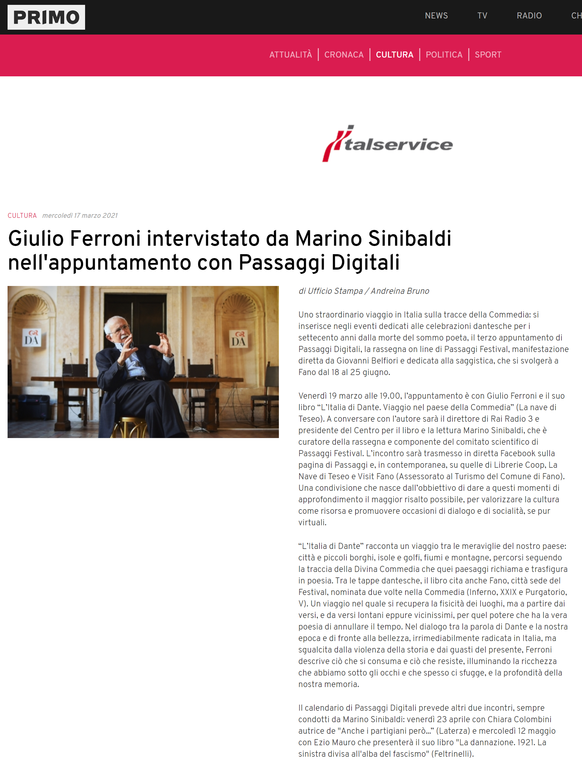 Primo Comunicazione – Giulio Ferroni intervistato da Marino Sinibaldi nell’appuntamento con Passaggi Digitali