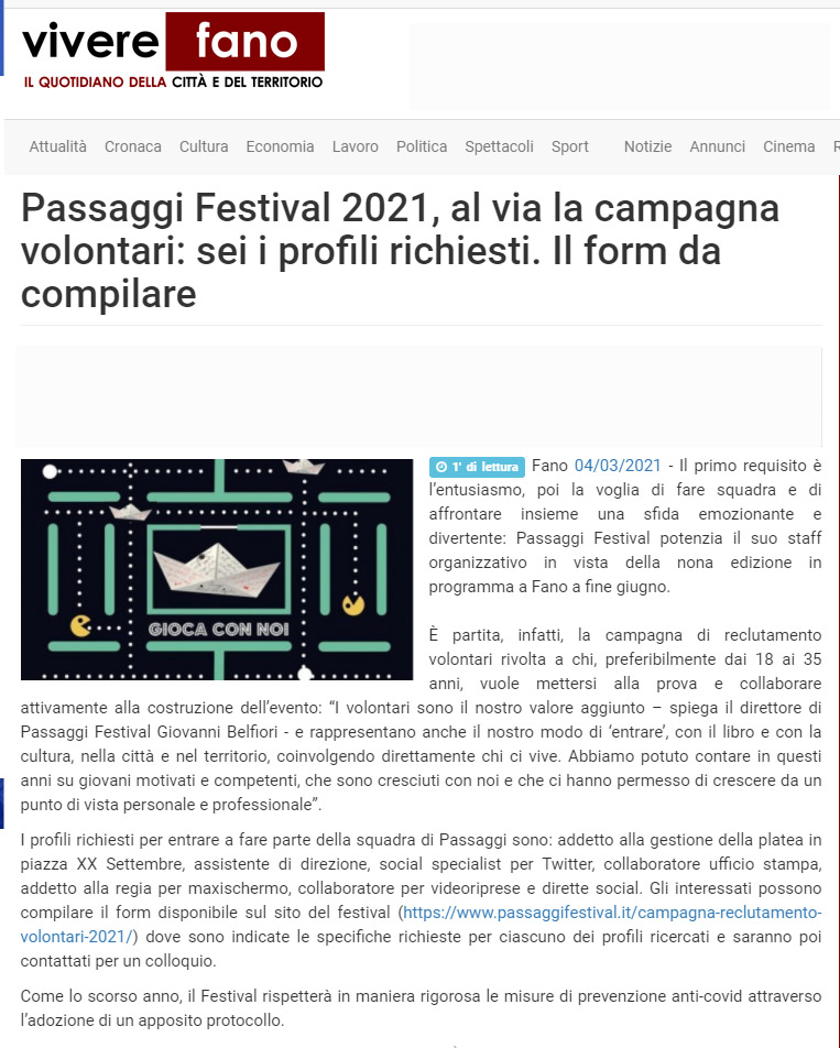 Vivere Fano – Passaggi Festival 2021, al via la campagna volontari: sei i profili richiesti. Il form da compilare