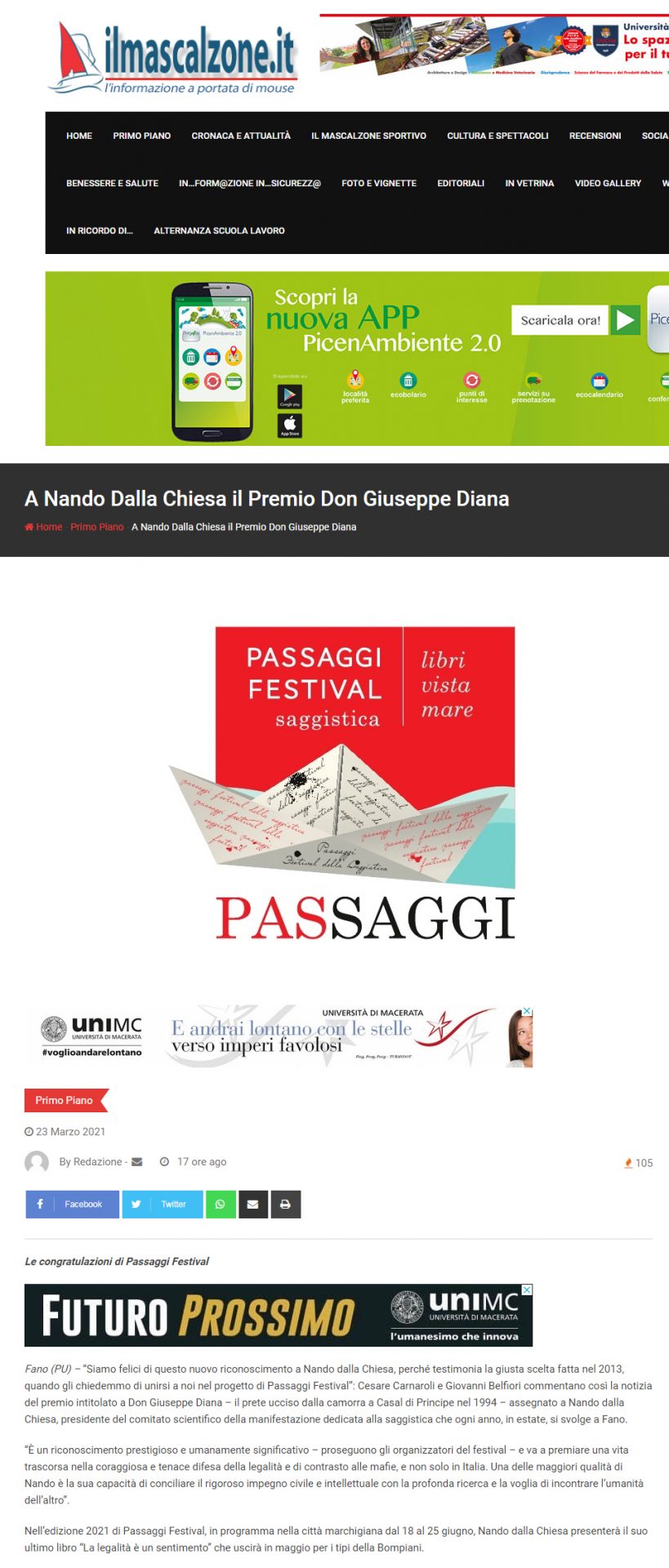 Il Mascalzone.it – A Nando Dalla Chiesa il Premio Don Giuseppe Diana