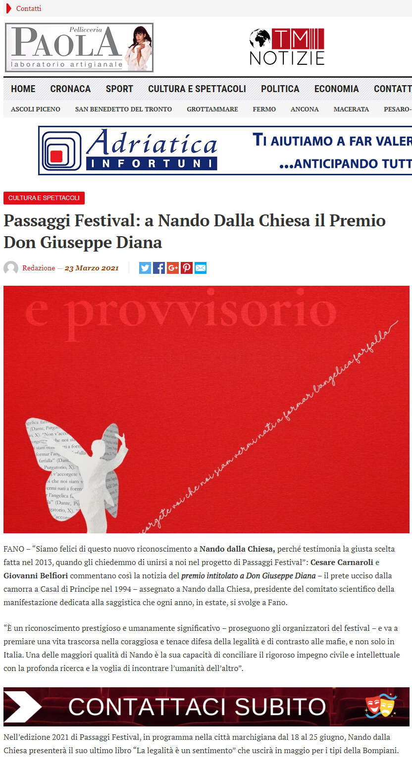 TM Notizie – Passaggi Festival: a Nando Dalla Chiesa il Premio Don Giuseppe Diana