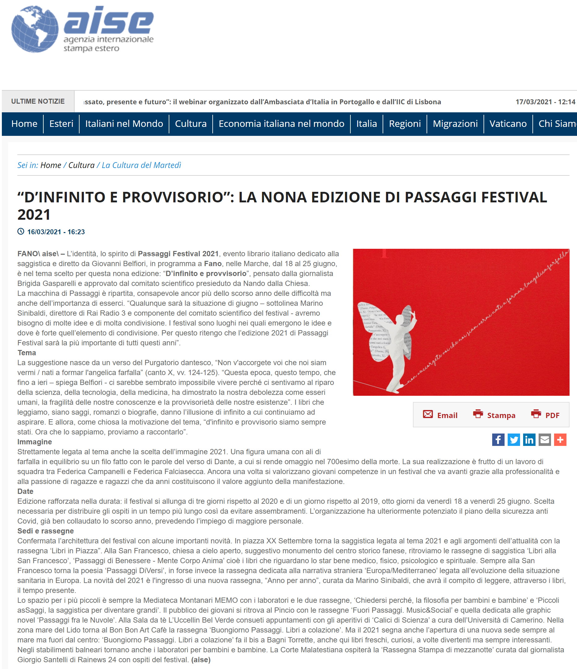 AISE – “D’Infinito e Provvisorio” la nona edizione di Passaggi Festival 2021